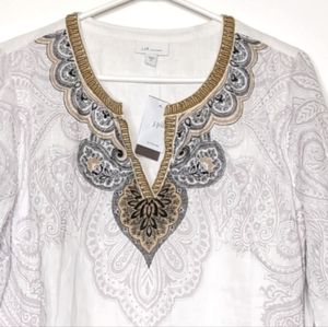J. Jill Love Linen Peasant Blouse M Boho Beaded White Linen Paisley Lon…